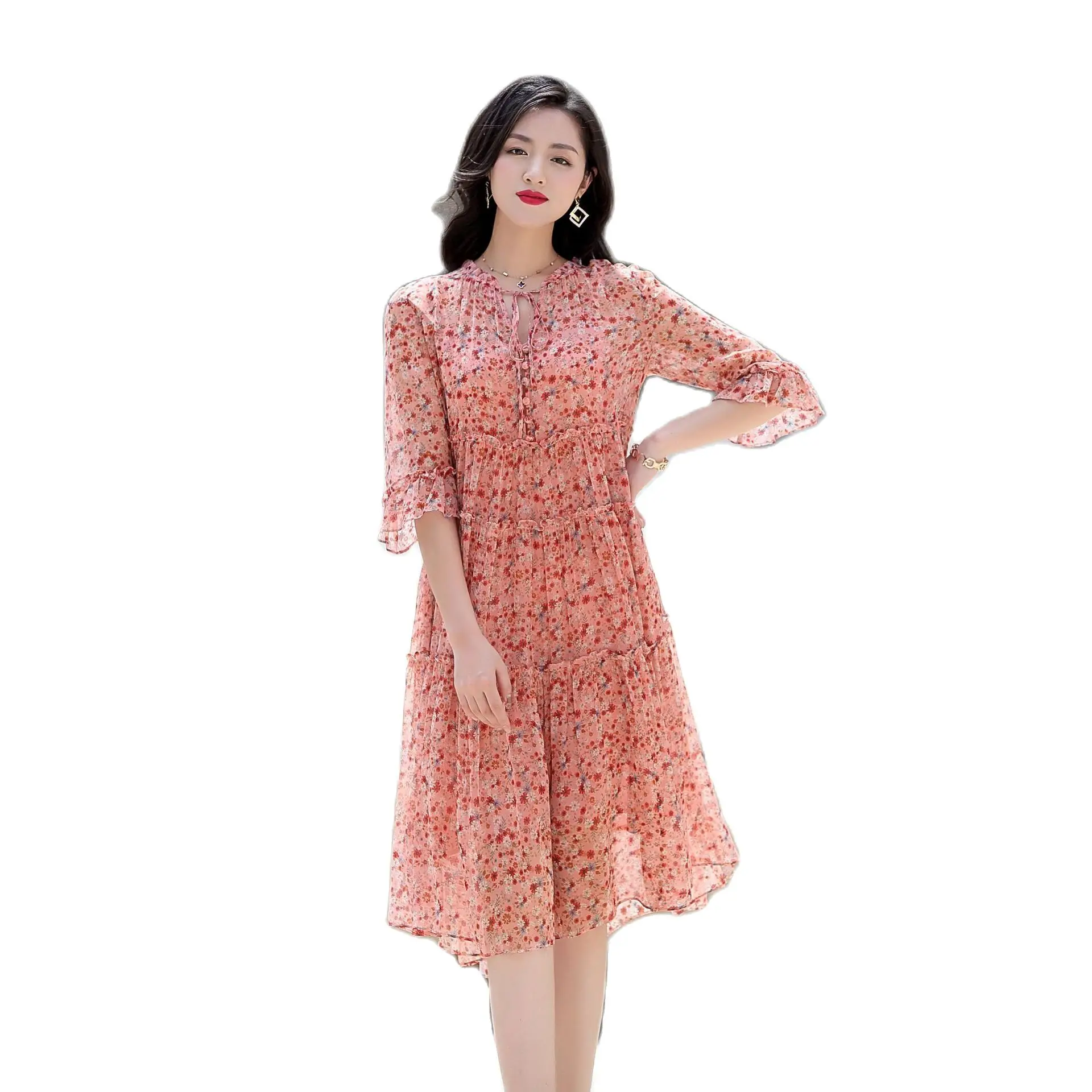 

TML21335 New Fashion 2021 Summer Clothing Women High-End Elegant Socialite Large Size Loose Lace-up 100% Silk Dress Floral