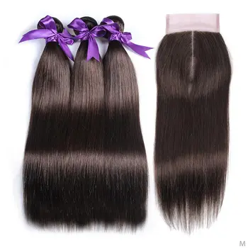 

Pinshair Straight Hair Middle Ratio 10"-26" Peruvian Remy Human Hair Bundles With Closure 4 Light Brown Bundles With Closure