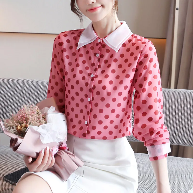 

Korean Women Shirts Woman Polka Dot Shirt Woman Chiffon Blouses Office Lady Print Shirts Top Plus Size Elegant Women Basic Shirt