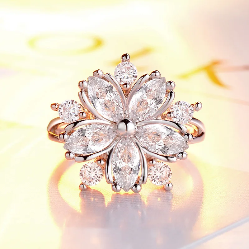 Блестящее кольцо из стерлингового серебра 925 пробы с кубическим цирконием и кристаллами для женщин, высокое качество, снежинка, розовый белый камень, свадебное кольцо