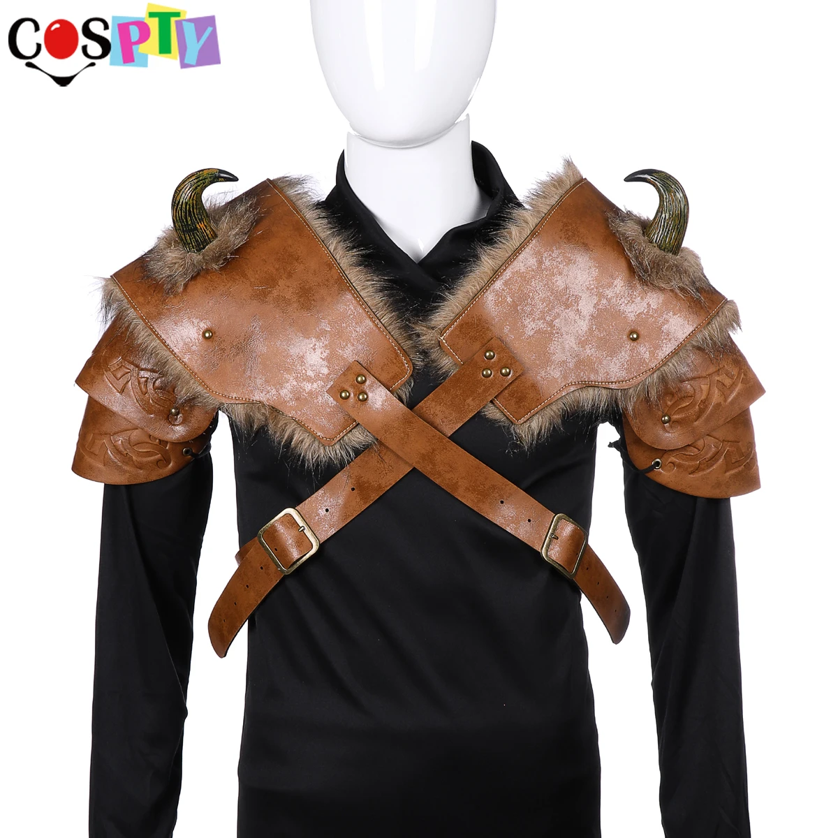 Cena Cospty średniowieczny wojownik mężczyźni pancerz kostium Cosplay LARP dla dorosłych PU skórzane brązowe futro Viking na ramię zbroja z róg