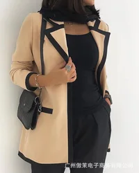 Blazer casaco feminino colorblock entalhado colarinho manga longa trabalho casaco para feminino outono 2021 senhora do escritório terno