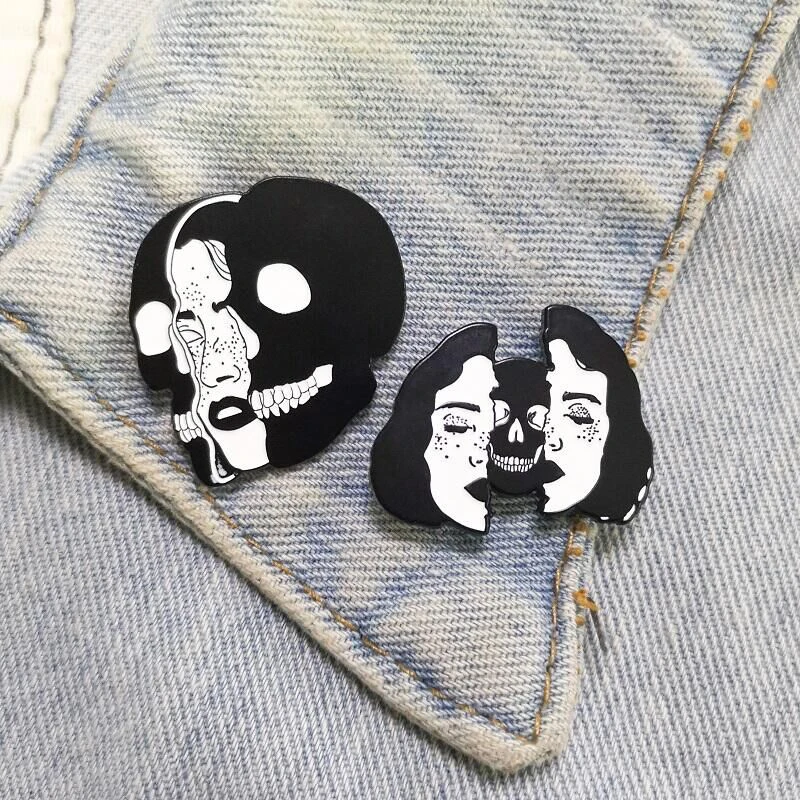 

Split Women and Skull Face Pin Face Puzzle Jigsaw Enamel Lapel Pins Denim clothes bags Balck Punk Jewelry Gift for Men Friends