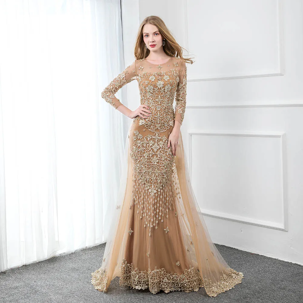 

Couture Champagne Embroidered Full Sleeve Evening Dresses Long Tulle Beading Formal Dress Robe de Soiree
