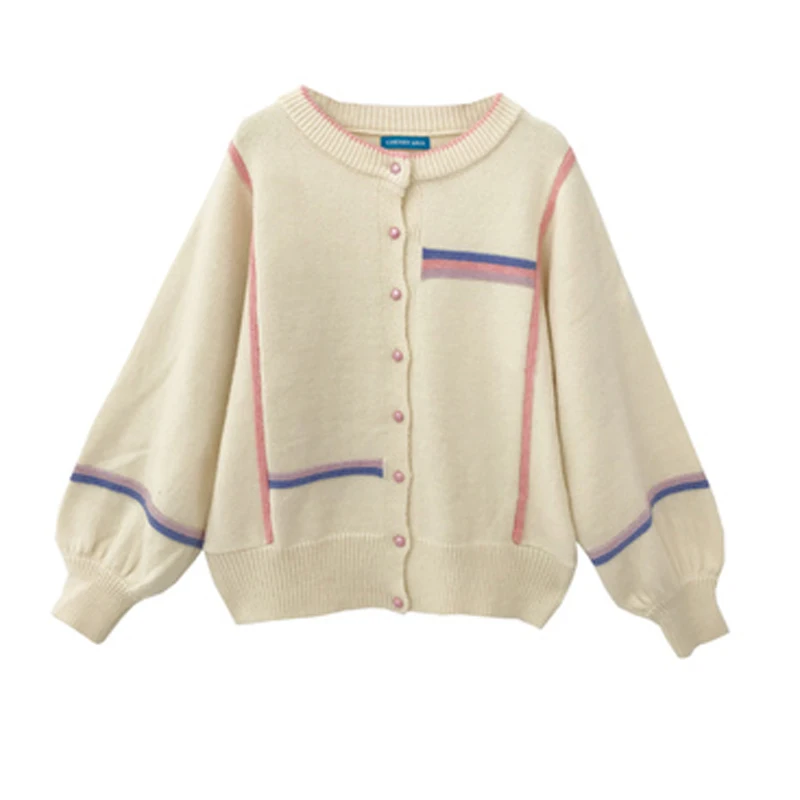 

2020 Autumn Winter Korean Women Single Breasted Acrylic Preppy Style Lantern Sleeve O-Neck Long-Sleeved Sweater Cardigan Sweater
