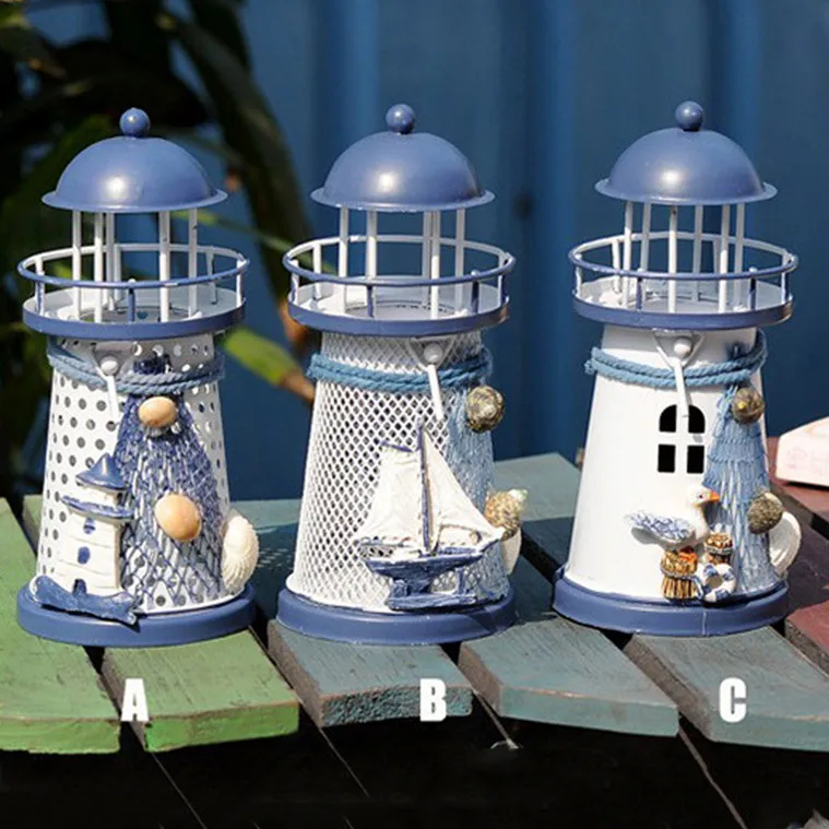 

Mediterranean Lighthouse Iron Candle Candlestick Blue White Home Table Decor