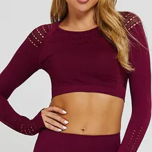 Трикотажные бесшовные спортивные топы для тренажерного зала, фитнес топы, футболка для тренировок с длинными рукавами для женщин с кроп-топом Tumb, открытая футболка для йоги, женская футболка