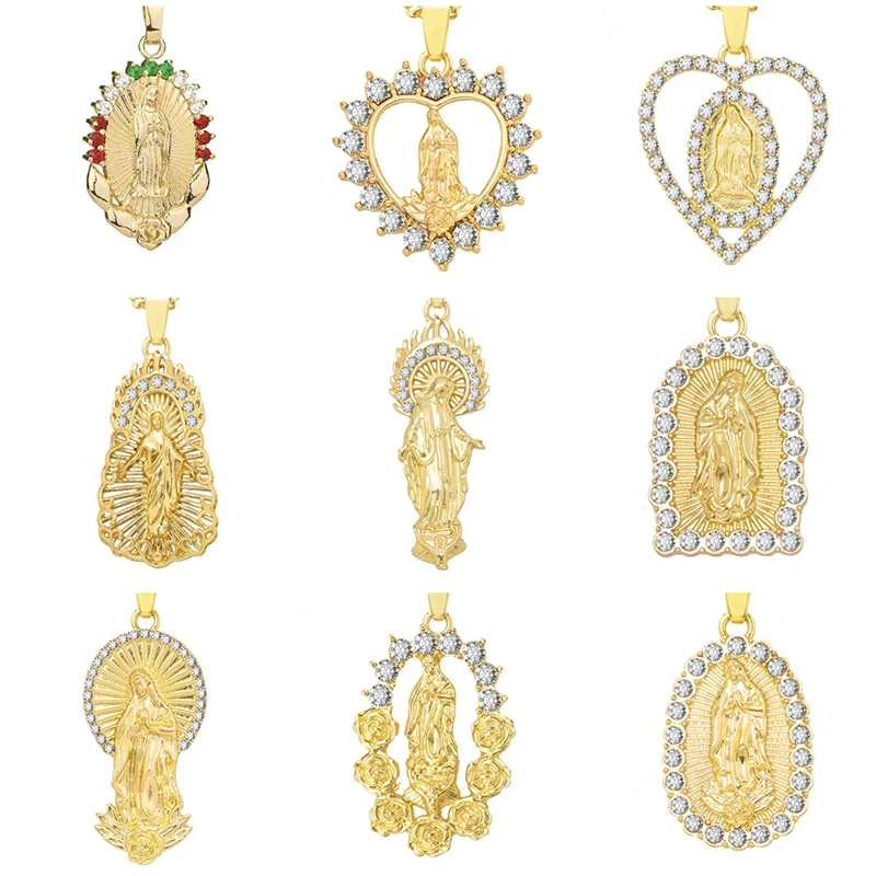 Золотое ожерелье Девы Марии для женщин и мужчин, христианская Молитва Иисуса, блестящий кристалл, религиозный Кулон, Ожерелье