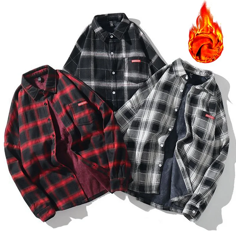 Men's Plaid Shirt Oversized Long Sleeve Buck Camp Flannel Warm Button Up Shirts Male 2021 Winter