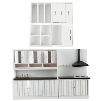 

2 Set White 1:12 Dollhouse Miniature Wooden Furniture, 1 Set Living Room Shelf Combination Cupboard & 1 Set Kitchen Set