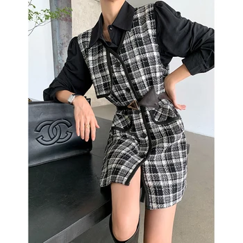 

COIGARSAM Plaid Womens tops New Spring Women shirts Take Shirt Tartan Jumper Skirt 2568