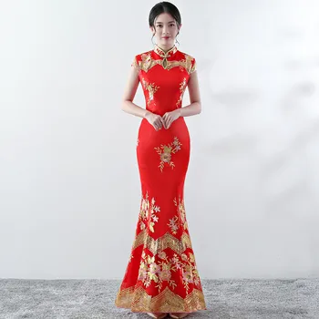 

Chinese Style Evening Party Mermaid Dress Embroidery Flower Women Slim Cheongsam Elegant Sequined Stage Show Qipao Vestido 4XL
