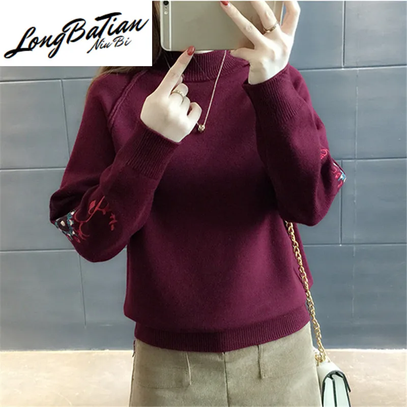 

Autumn Winter Women Embroidery Knitted Turtleneck Sweater Casual Soft Half High Neck Jumper Fashion Femme Elasticity Pullovers