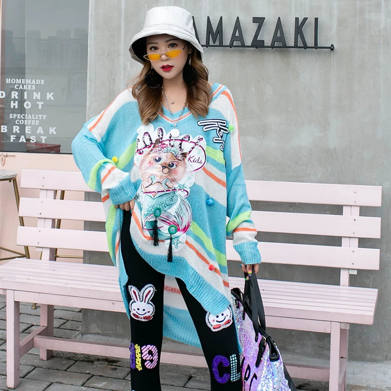 

Thailand Tide brand net red cartoon sequin beaded sweater female long section loose thin section striped color matching knit top