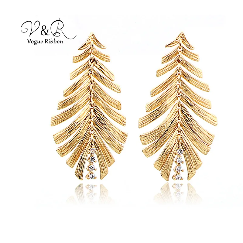 Imitation gold plated drop earring, soft and movable leaves shape with CZ stones, high quality fashion jewelry (1)