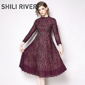 

New spring autumn lace midi dress for women a line long sleeve casual slim elegant pleated O neck party dresses vintage purple