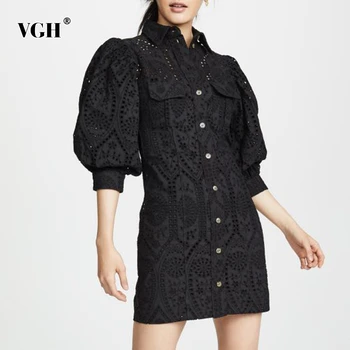 

VGH Elegant Hollow Out Women Dresses Lapel Collar Lantern Sleeve High Waist Pockets Mini Dress Female 2019 Fashion New Clothing