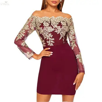 

Party Dress Mini Embroidery Patchwork Korean Dress Long Sleeve Mesh Dress Clubwear Off Shoulder Dress Elegant Women Party Dress