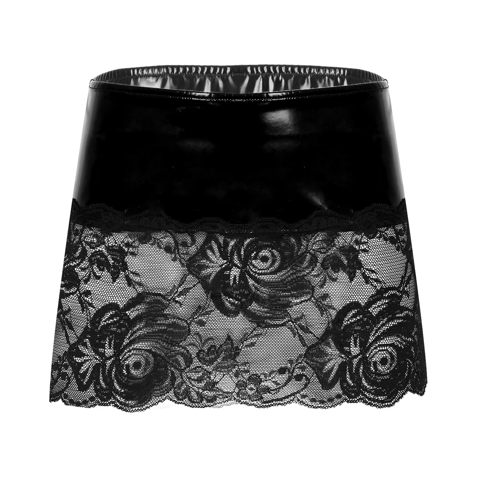 thumbnail image 1 of Minifalda de charol de látex para mujer, falda de cintura baja con retales de encaje transparente, cintura elástica, ropa para discoteca Rave de baile en barra, 1 of 5