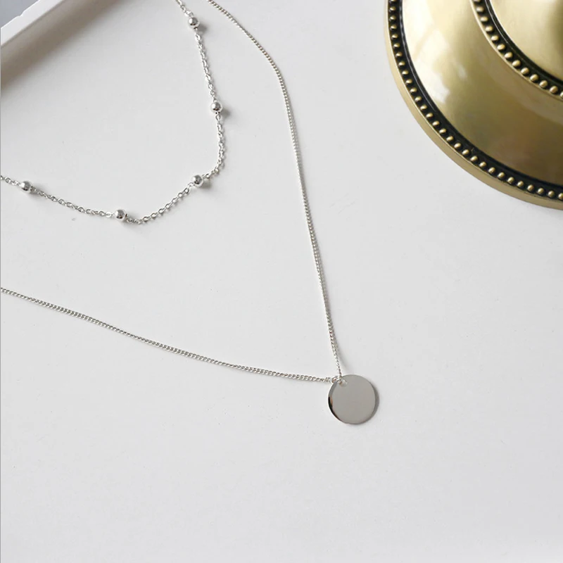 925 Sterling Silver Double Layer Choker Necklace Round Piece Pendant Necklaces Gift for Women Fine Accessories Jewelry