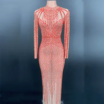 

Nightclub Stage Costumes Golden Rhinestones Long Sleeve Transparent Dress Birthday Celebrate Long Dress Prom Women Dance Outfit