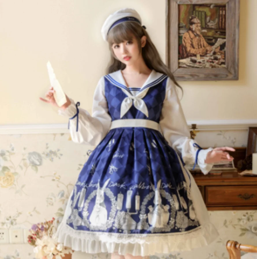 

kawaii girl gothic lolita op loli cos Japanese sweet lolita dress vintage sailor collar high waist cute printing victorian dress