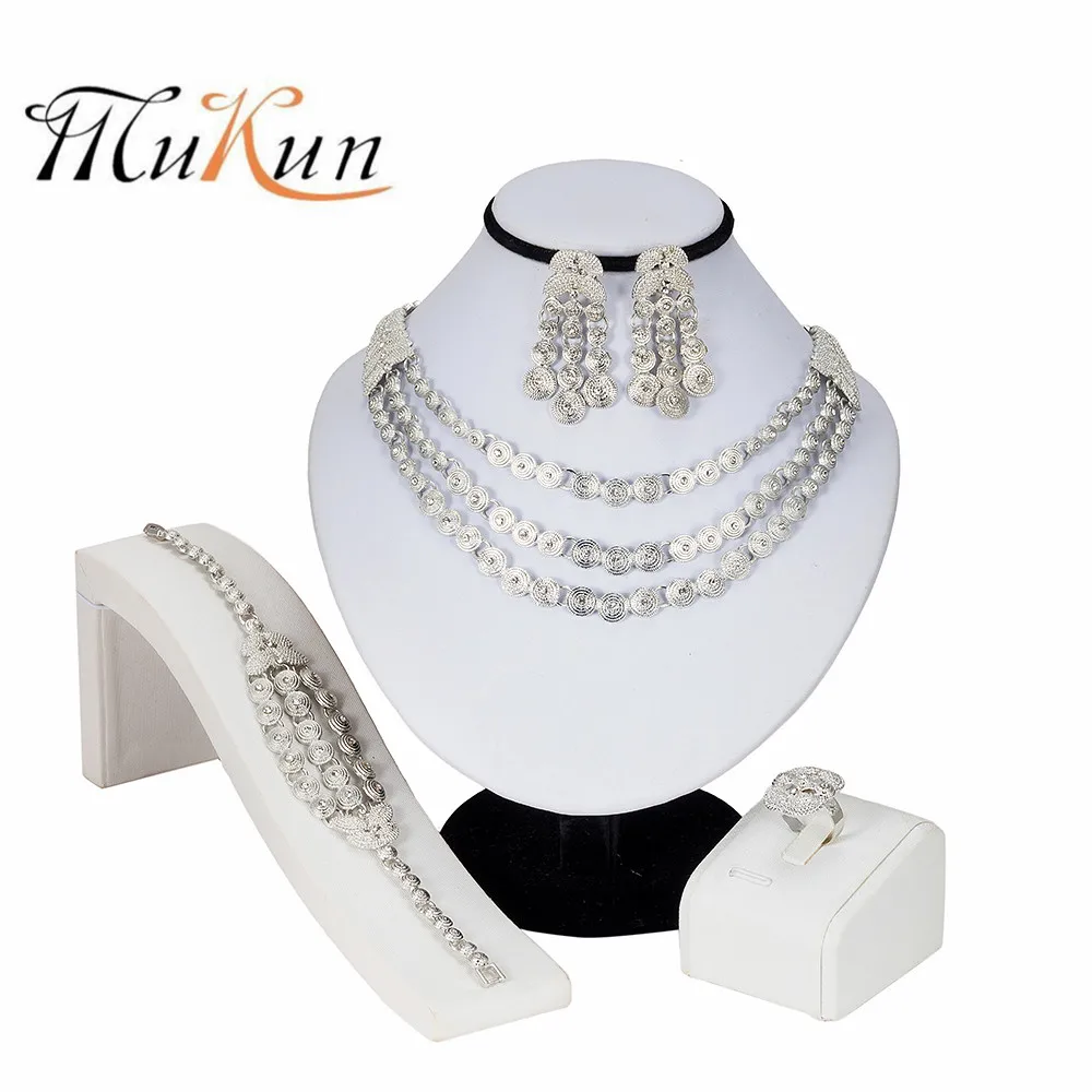 

MUKUN Crystal Bridal Jewelry Sets Silver Plated Wedding Necklace Earrings Bracelet Ring African Beads Jewelry Sets Accessories