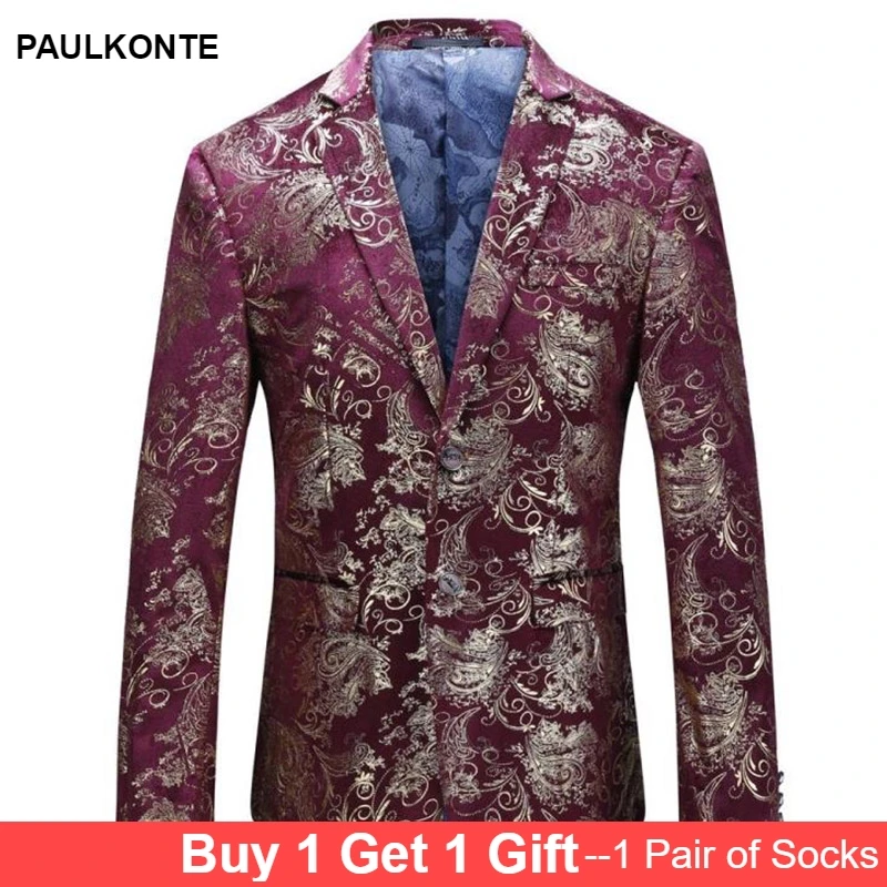 Men One Button Gold Foil Stamping Golden Floral Printed DJ Club Stage Wedding Suit Slim Formal Fit Casual Men Blazer Leisure Men One Button Gold Foil Stamping Golden Floral Printed DJ Club Stage Wedding Suit Slim Formal Fit Casual Men Blazer Leisure