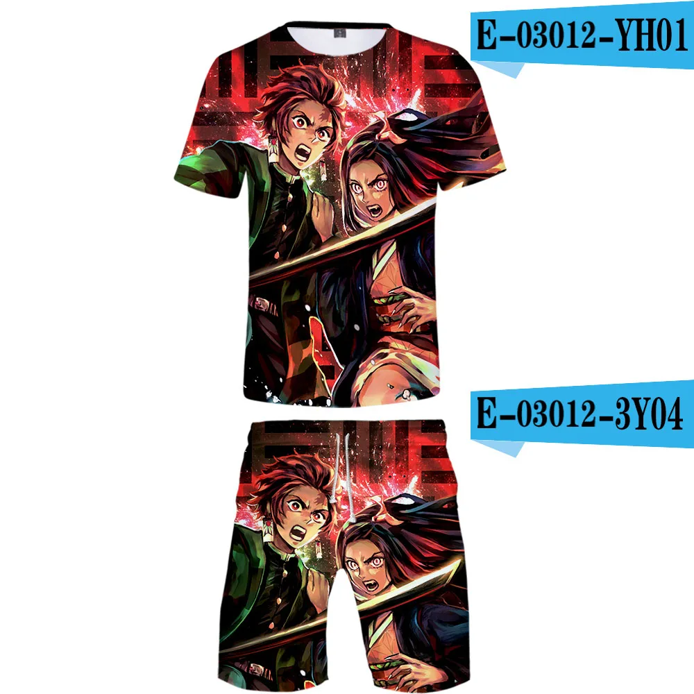 Demon Slayer Kimetsu no Yaiba Cool 3D Harajuku летний Стиль Уличная одежда комплект из двух предметов футболка с круглым вырезом+ шорты мужской набор Харадзюку - Цвет: 3Y04YH01