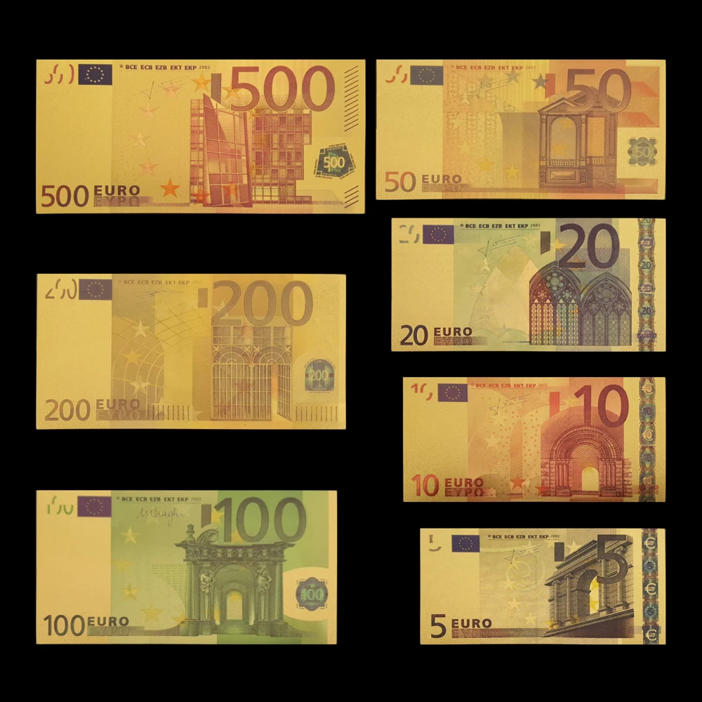 

RHCN 7pcs/lot 5 10 20 50 100 200 500 EUR Gold Banknotes in 24K Gold Fake Paper Money for Collection Euro Banknote Sets