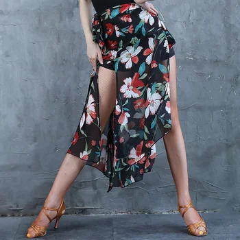 

Latin Dance Skirt Female Rumba Dance Practice Long Skirt Black Flower Hip Scarf Lady Samba Dance Costume Tango Outfit DQL2215