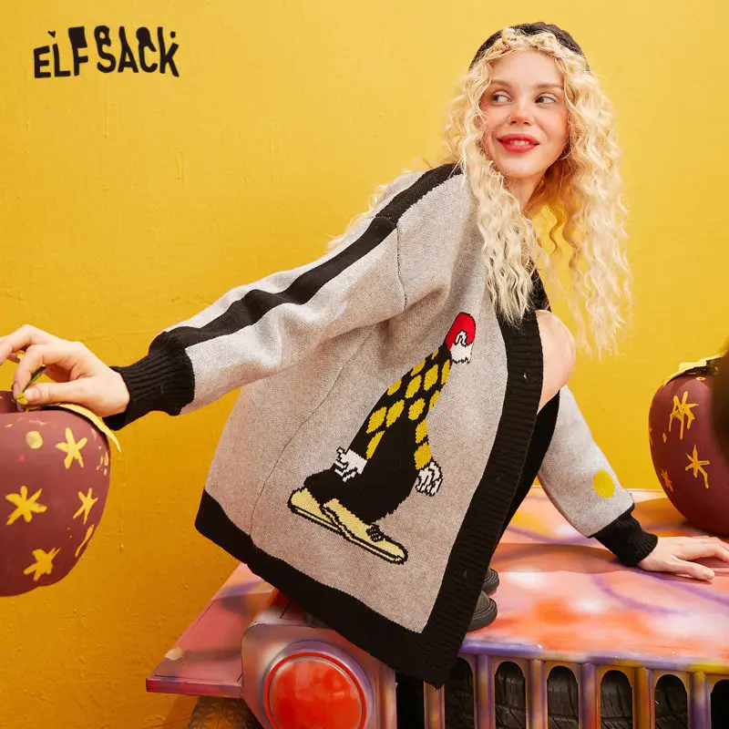 Женский вязаный кардиган ELFSACK красный с мультипликационным принтом в Корейском