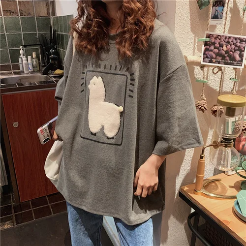 Cartoon Alpaca Animal Printed Casual Loose Oversize Korean Style 2020 Summer Short Mouw Women Top Women's T-shirts 1