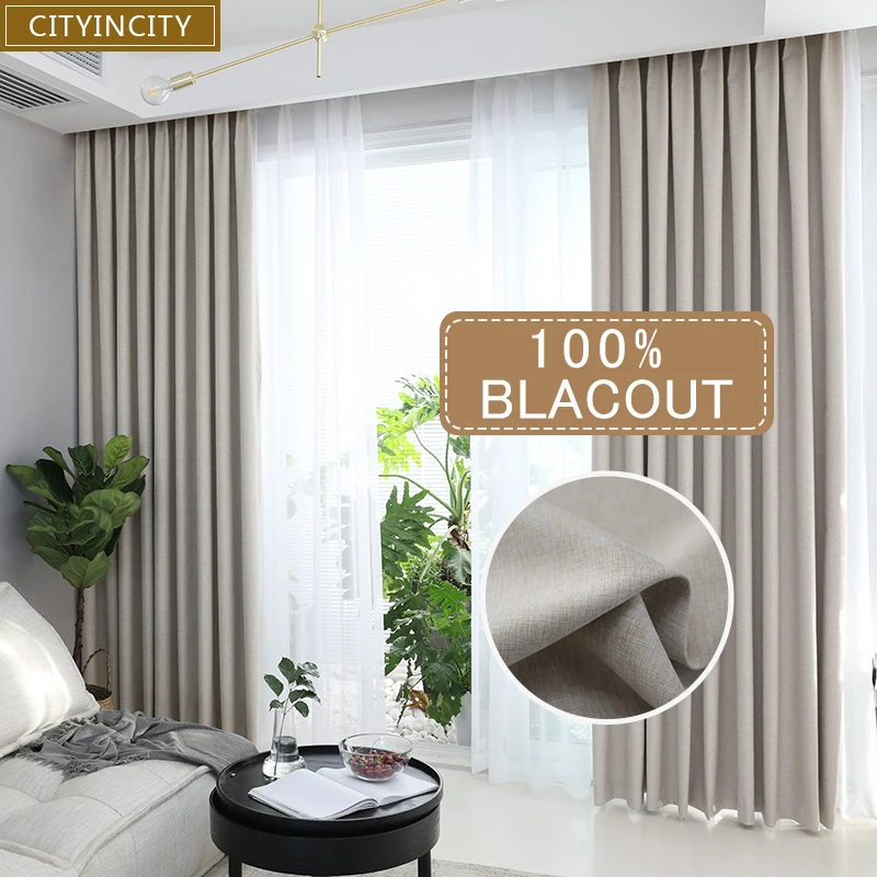 CITYINCITY solid 100% blackout Curtain For Living room Home Decor thick Faux linen Curtains for Bedroom ready made custom made