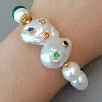 

8'' White Keshi Pearl Green Malachite Bracelet Extender free shipping