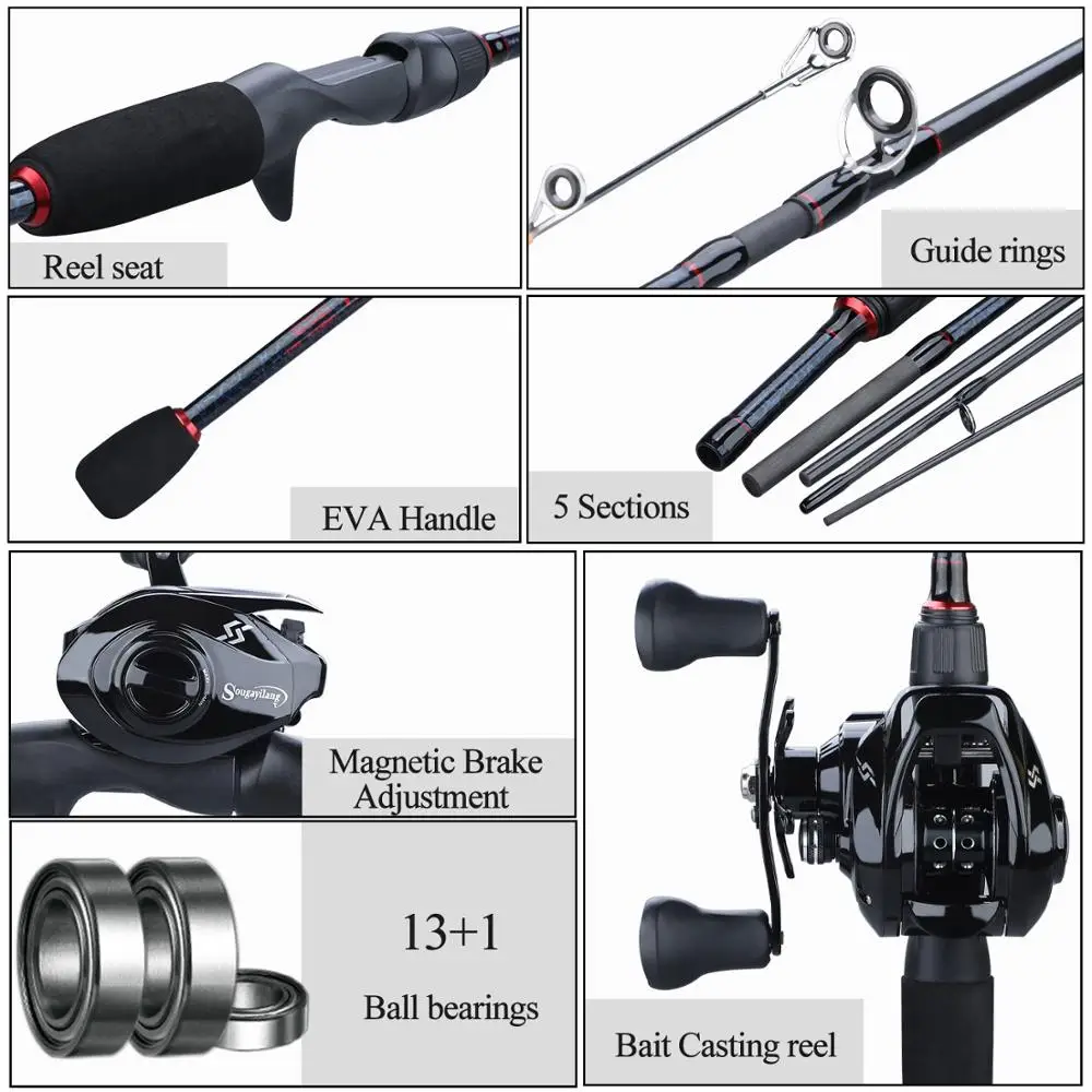 Sougayilang 1.8m- 2.4m Casting Fishing Rod Combo Portable 5 Section Fishing Rod and 12+1BB 7.0:1 Gear Ratio Baitcasting Reel
