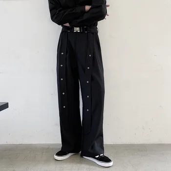 

Male Streetwear Fashion Loose Punk Gothic Trousers Stage Show Pants Men Ribbon Belt Casual Straight Wide Leg Pant