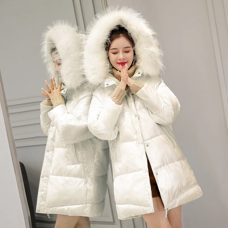 

2019 Winter New Style Bright Surface down Jacket Cotton-padded Clothes Women's Mid-length Large Fur Collar Loose-Fit Hooded Coat