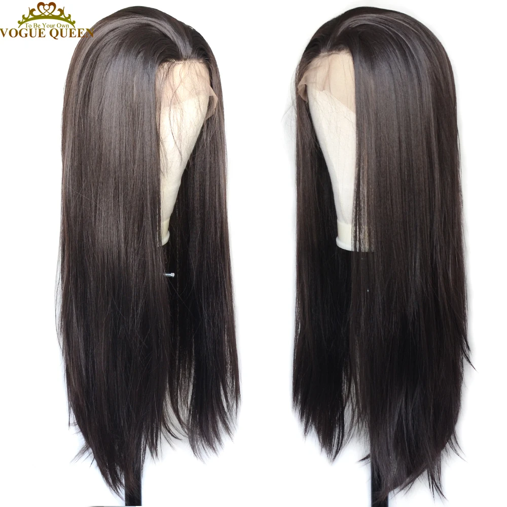 Vogue Queen-peluca con malla frontal sintética marrón oscuro para mujer, larga, recta, resistente al calor, fibra, uso diario