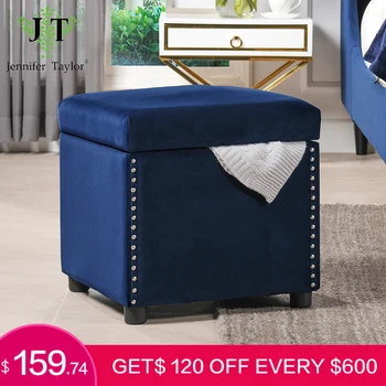 

Jennifer Taylor Furniture Navy Blue Hailey Storage Cube Ottoman Stool Nailhead Accents Chic Classic
