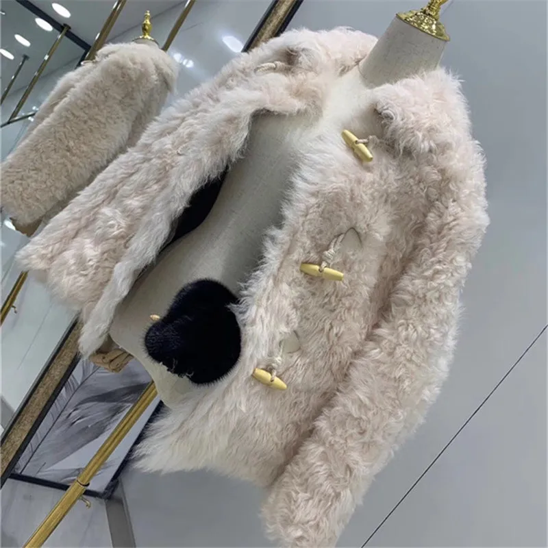 Abrigos mujer invierno Натуральная Овечья шерсть шуба с роговой пряжкой Натуральная Овечья подкладка женские зимние куртки