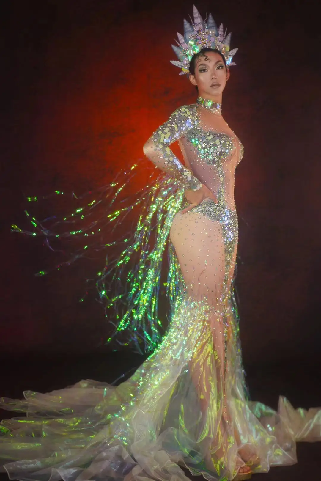 Sparkly Crystal Evening Dress Rhinestone Sequins Party Mermaid Long Dress Women Stretch Nude Singer Stage Wear