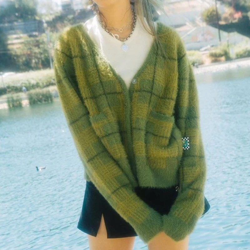 Vintage warm Green Plaid Cardigan women knitted sweater With Front Button  Women Cropped Cardigan Sweater 2020 - AliExpress