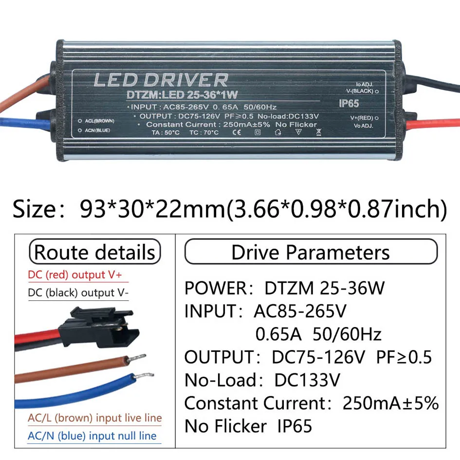 LED-Treiber 1–3 W, 4–7 W, 8–12 W, 12–18 W, 18–25 W, 25–36 W, Adapter, Transformator, AC85 V–265 V, 250 mA, wasserdicht, IP65, Netzteil für Panel-Licht – Detail 6