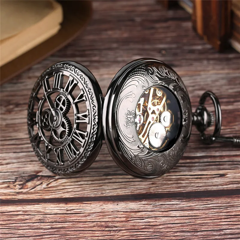 Steampunk Full Black Pocket Watch Unisex Skeleton Handwinding Mechanical Watches with Pendant Chain Roman Number Clock Gift