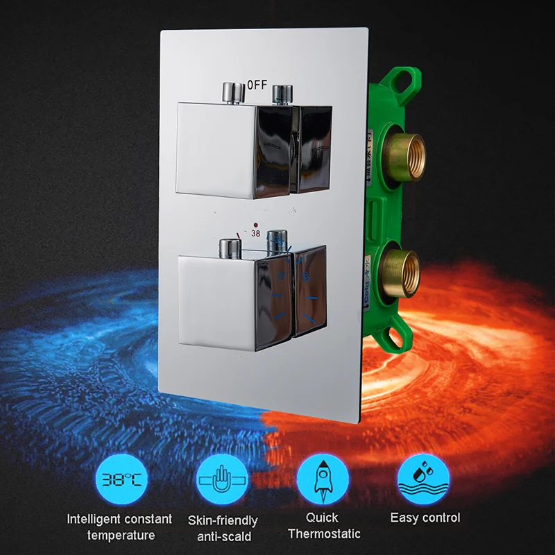 Brass Thermostatic Shower Faucet Mixing Valve Concealed Easy-mount Box Dual Handle Control Valve 2&3 Ways In Wall Shower