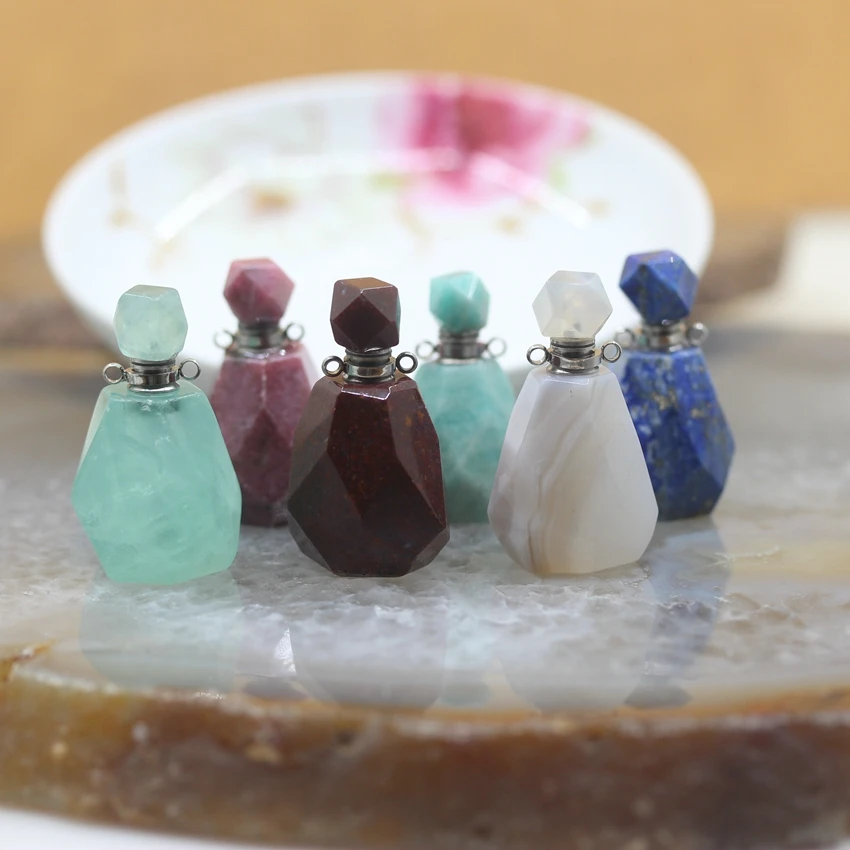 

Cut Gems Stone Essential Oil Diffuser Vial Pendants,Agates Jaspers Lapis Fluorite Perfume Bottle Necklace Charms women Jewelry