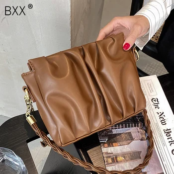 

[BXX] Folds Design PU Leather Shoulder Bags for Women 2020 Winter Branded Handbags and Purses Luxury Chain Hand Bag HP129