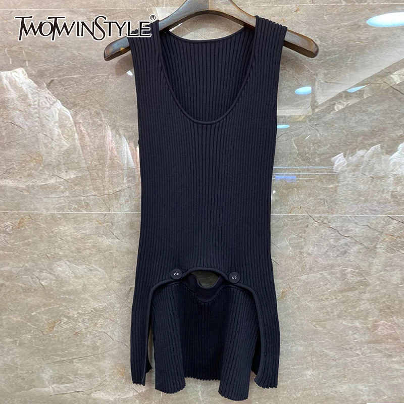 TWOTWINSTYLE Casual Knitting Sweater Women O Neck Sleeveless Slim Patchwork Striped Sweaters For Female Fashion Clothes 2020 New |