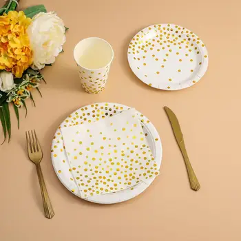 

White and Gold Party Supplies 200Pcs Disposable 12oz Cup Napkin Dinnerware Set Golden Dot Theme Anniversary Serve 50 Baby Shower